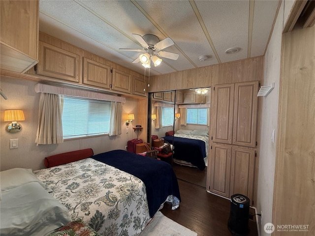 bedroom featuring dark wood finished floors, multiple windows, and a textured ceiling