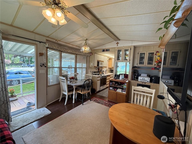 dining room featuring dark wood finished floors, plenty of natural light, and a ceiling fan
