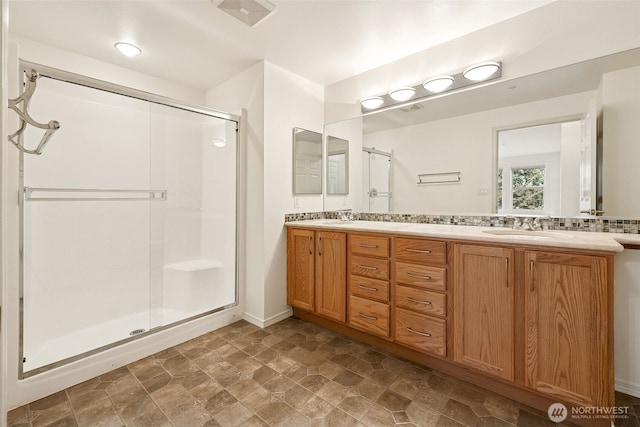 430 SW 156th St Unit 204, Burien, WA 98166 - full bathroom featuring a shower stall, double vanity, baseboards, and stone finish floors