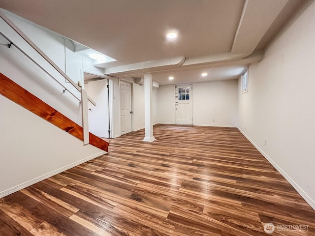 1915 Dexter Ave N, Seattle, WA 98109 - finished below grade area with wood finished floors, stairway, recessed lighting, and baseboards