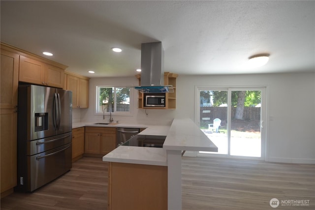 64 Queets St, Steilacoom, WA 98388 - kitchen featuring appliances with stainless steel finishes, a peninsula, a sink, island range hood, and wood finished floors
