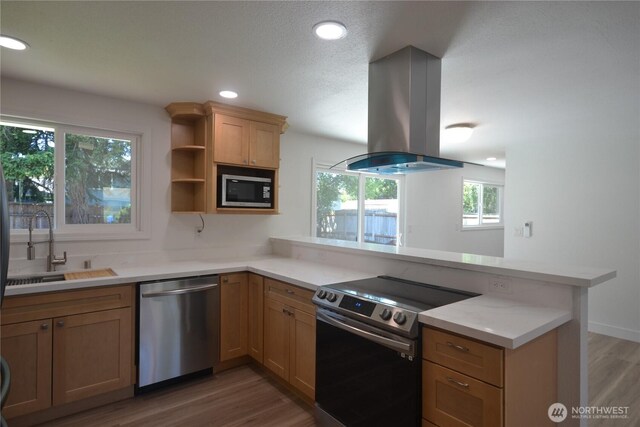 64 Queets St, Steilacoom, WA 98388 - kitchen with appliances with stainless steel finishes, island range hood, a peninsula, a sink, and wood finished floors