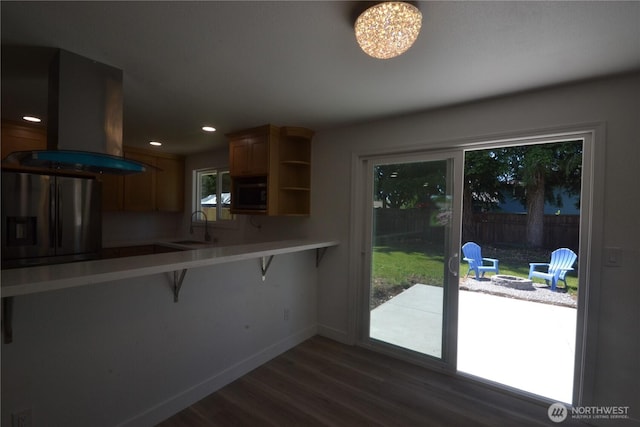 64 Queets St, Steilacoom, WA 98388 - kitchen with stainless steel fridge, a sink, built in microwave, island exhaust hood, and open shelves