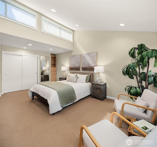 2345 42nd Ave E, Seattle, WA 98112 - bedroom featuring carpet floors, a towering ceiling, a closet, recessed lighting, and baseboards