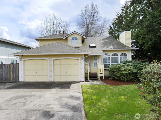 traditional-style house with a garage, asphalt driveway, a chimney, and roof with shingles