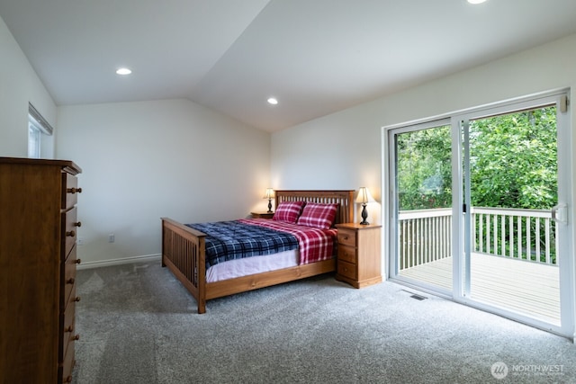 bedroom with access to outside, carpet flooring, recessed lighting, baseboards, and lofted ceiling