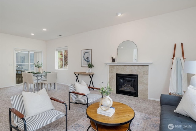 27815 NE 148th Ln, Duvall, WA 98019 - living area with carpet floors, recessed lighting, a high end fireplace, and baseboards