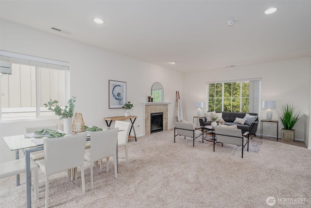 27815 NE 148th Ln, Duvall, WA 98019 - carpeted dining space featuring baseboards, recessed lighting, and a fireplace