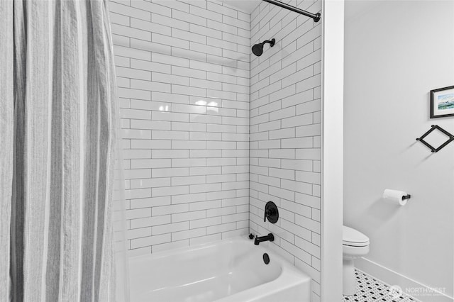 full bathroom with toilet, baseboards, shower / bath combo with shower curtain, and tile patterned flooring