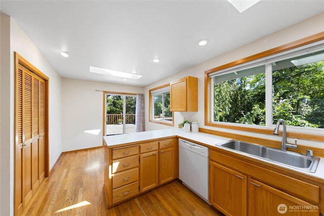 kitchen with a skylight, dishwasher, a sink, light wood-style floors, and light countertops