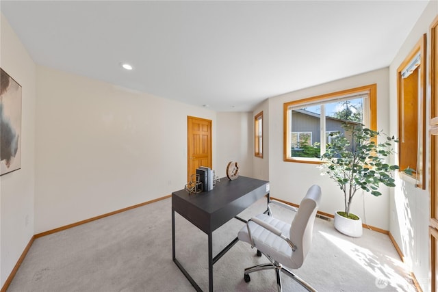 office with light carpet, baseboards, and recessed lighting
