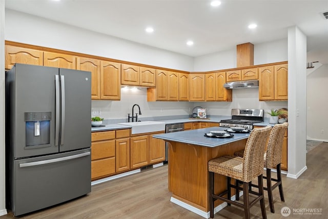 13212 Wicks End Ln SW, Port Orchard, WA 98367 - kitchen with stainless steel appliances, a sink, light wood-style flooring, under cabinet range hood, and recessed lighting