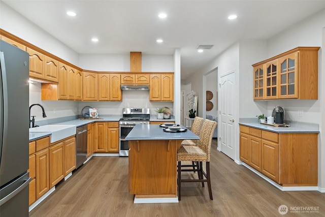 13212 Wicks End Ln SW, Port Orchard, WA 98367 - kitchen with stainless steel appliances, under cabinet range hood, a sink, a breakfast bar, and glass insert cabinets