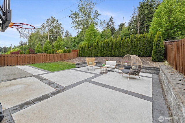 view of patio / terrace with a fenced backyard and an outdoor hangout area