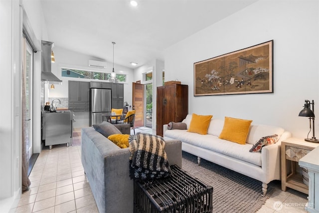 22717 Briarwood Ct SE, Yelm, WA 98597 - living room with a wall mounted AC, light tile patterned floors, recessed lighting, and lofted ceiling