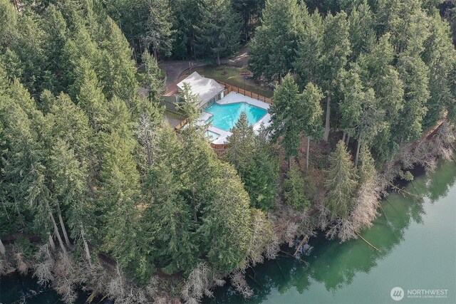 22717 Briarwood Ct SE, Yelm, WA 98597 - view of subject property featuring a pool area, a forest, and a large body of water