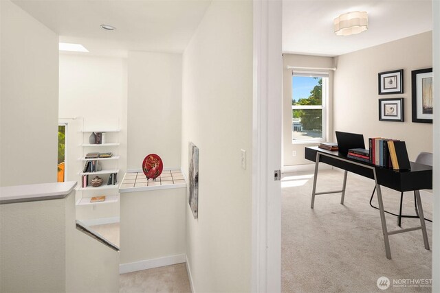 home office with light carpet and baseboards