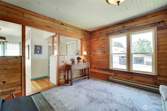 531 3rd St, Ronald, WA 98940 - bedroom featuring baseboard heating, wooden walls, wood finished floors, and baseboards
