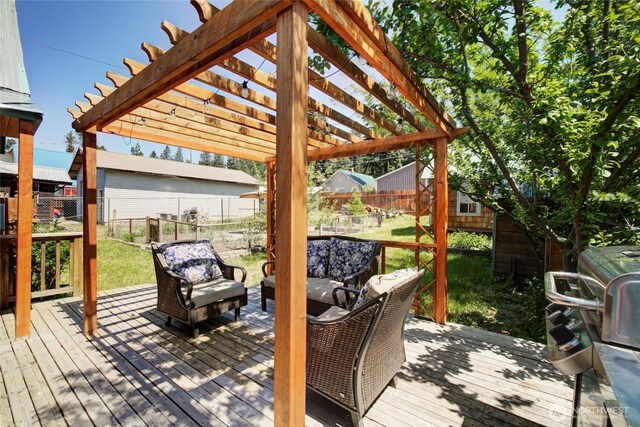 531 3rd St, Ronald, WA 98940 - deck featuring a pergola, an outdoor hangout area, an outdoor structure, and a storage shed