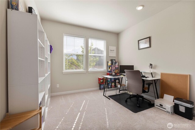 carpeted office featuring baseboards and recessed lighting