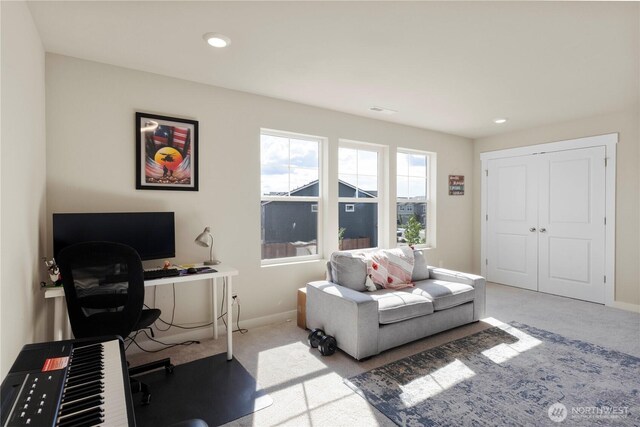 office area featuring carpet, baseboards, and recessed lighting