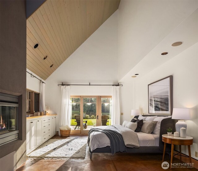 30404 44th Ave NW, Stanwood, WA 98292 - bedroom featuring high vaulted ceiling, access to outside, and wooden ceiling