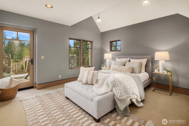 30404 44th Ave NW, Stanwood, WA 98292 - bedroom with access to outside, recessed lighting, lofted ceiling, carpet, and baseboards