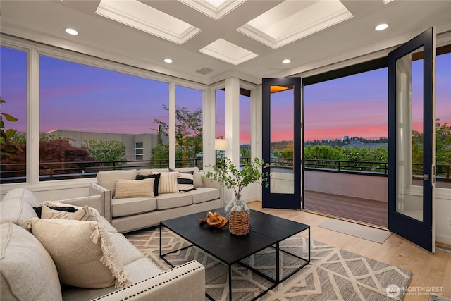 8902 N Mercer Way, Mercer Island, WA 98040 - living area featuring light wood-style floors, recessed lighting, and coffered ceiling