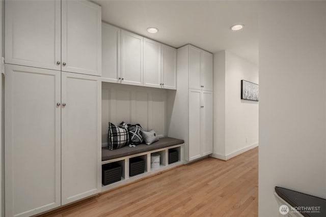 8902 N Mercer Way, Mercer Island, WA 98040 - mudroom featuring light wood-type flooring, baseboards, and recessed lighting