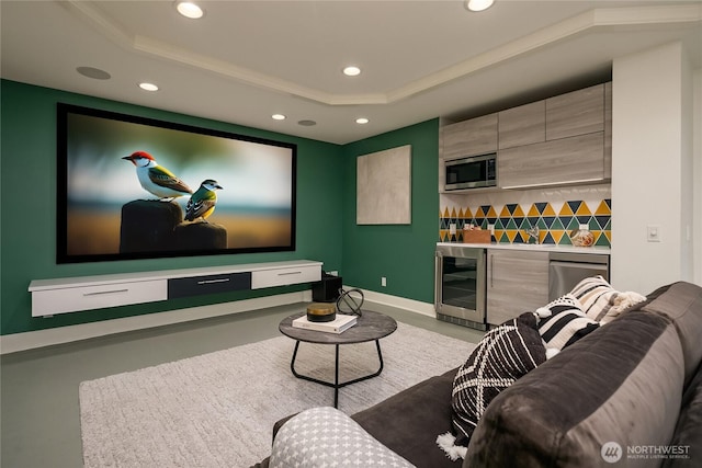 8902 N Mercer Way, Mercer Island, WA 98040 - cinema featuring beverage cooler, recessed lighting, a tray ceiling, a bar, and baseboards