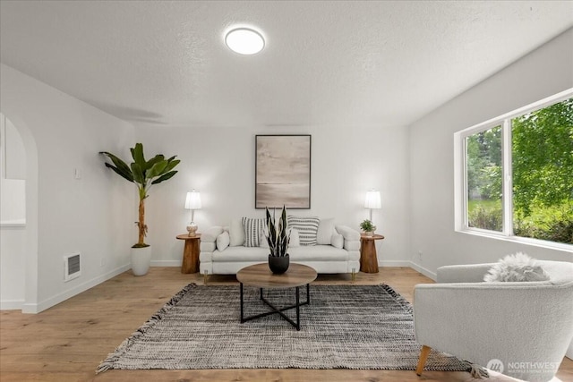 1405 33rd St, Seaview, WA 98644 - living room featuring arched walkways, a textured ceiling, light wood-style floors, and baseboards