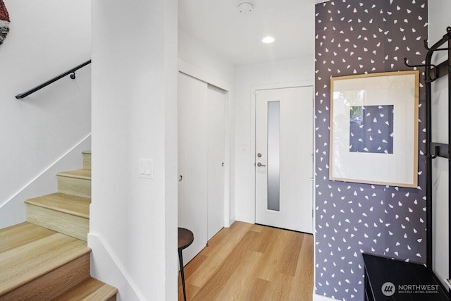 5710 Roosevelt Way NE Unit B, Seattle, WA 98105 - entrance foyer with wood finished floors, stairs, and recessed lighting