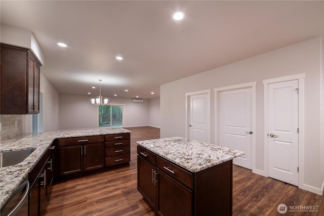 8570 Trillium Ln, Concrete, WA 98237 - kitchen featuring dark wood finished floors, dark brown cabinets, a chandelier, and recessed lighting