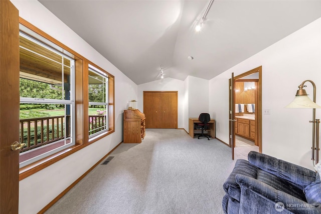 8368 Birdsview Meadows Ln, Concrete, WA 98237 - sitting room with an office area, lofted ceiling, light colored carpet, and baseboards