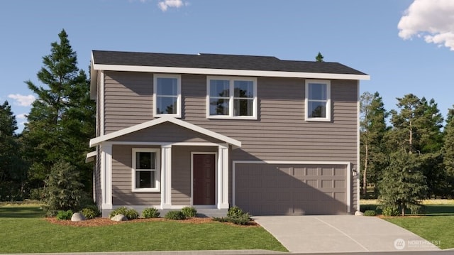 view of front facade with driveway, a front lawn, and an attached garage
