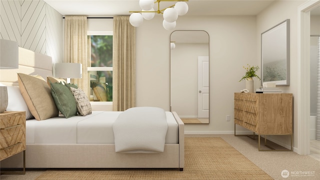 bedroom with carpet floors, a chandelier, and baseboards