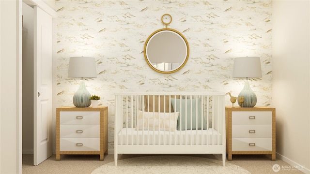 bedroom featuring wallpapered walls, carpet, and baseboards