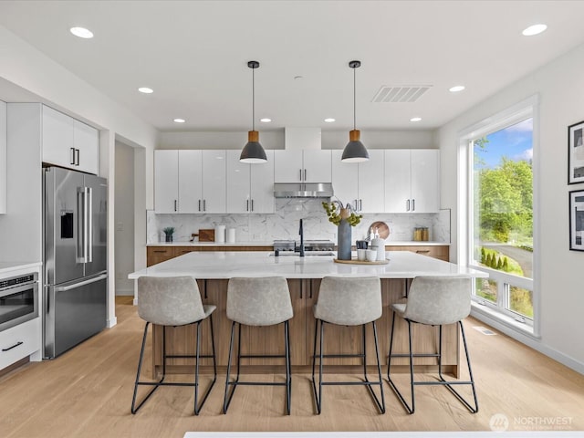 667 17th Ave NW, Issaquah, WA 98027 - kitchen featuring stainless steel appliances, under cabinet range hood, light wood-style flooring, decorative backsplash, and white cabinets