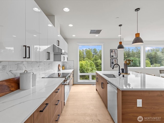 667 17th Ave NW, Issaquah, WA 98027 - kitchen featuring modern cabinets, appliances with stainless steel finishes, a sink, light stone counters, and white cabinetry