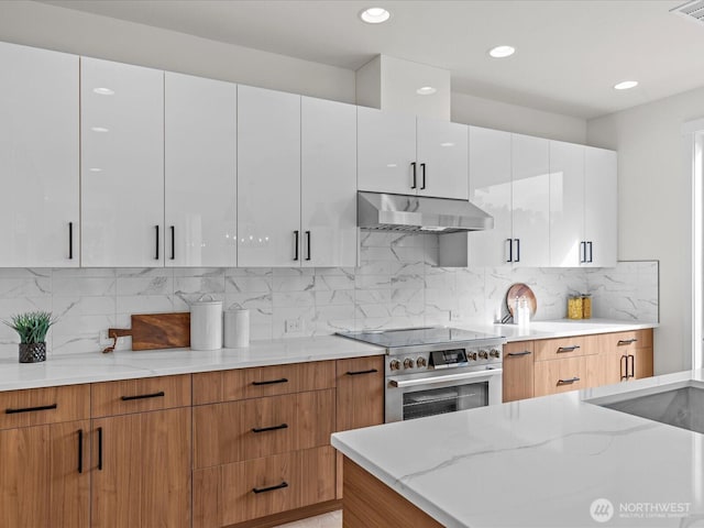 667 17th Ave NW, Issaquah, WA 98027 - kitchen featuring under cabinet range hood, light stone counters, high end range, modern cabinets, and recessed lighting