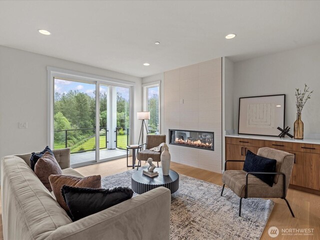 667 17th Ave NW, Issaquah, WA 98027 - living area featuring recessed lighting, light wood finished floors, and a large fireplace