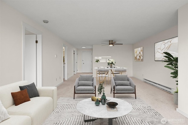 3425 Colby Ave Unit 502, Everett, WA 98201 - living room with a baseboard heating unit, light carpet, a ceiling fan, and baseboards