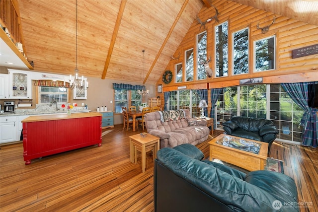 living area featuring wood ceiling, high vaulted ceiling, a chandelier, beamed ceiling, and hardwood / wood-style flooring