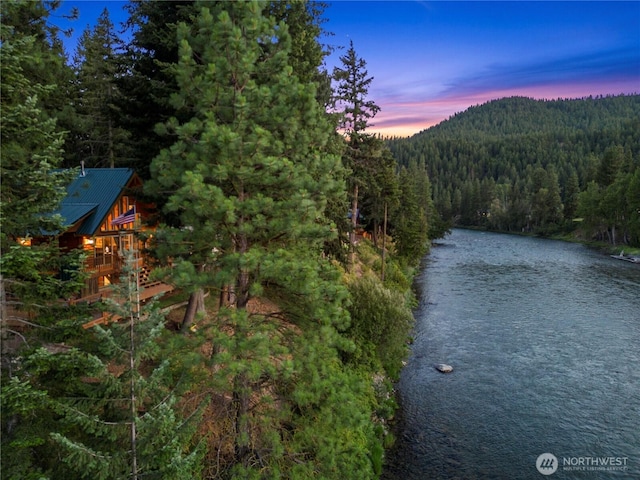 water view featuring a forest