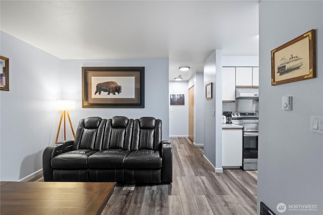 living room featuring wood finished floors and baseboards