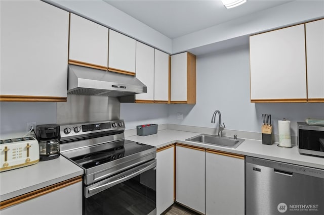 kitchen with stainless steel appliances, under cabinet range hood, a sink, and light countertops
