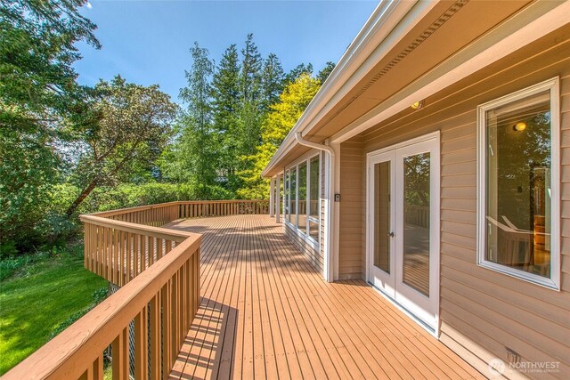 55 Langell Ln, Orcas Island, WA 98245 - wooden terrace featuring french doors and a lawn