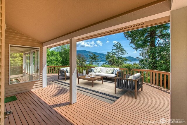 55 Langell Ln, Orcas Island, WA 98245 - wooden terrace featuring a mountain view and outdoor lounge area