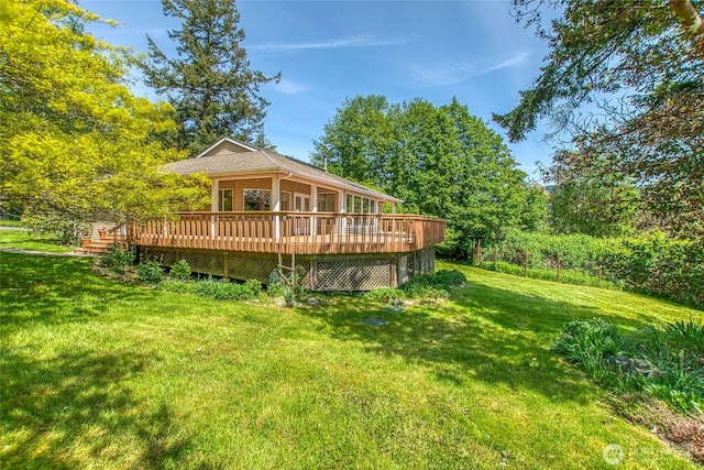 55 Langell Ln, Orcas Island, WA 98245 - rear view of house with a yard and a wooden deck