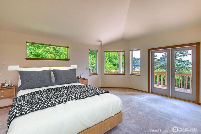 55 Langell Ln, Orcas Island, WA 98245 - carpeted bedroom with access to outside, baseboards, lofted ceiling, and french doors